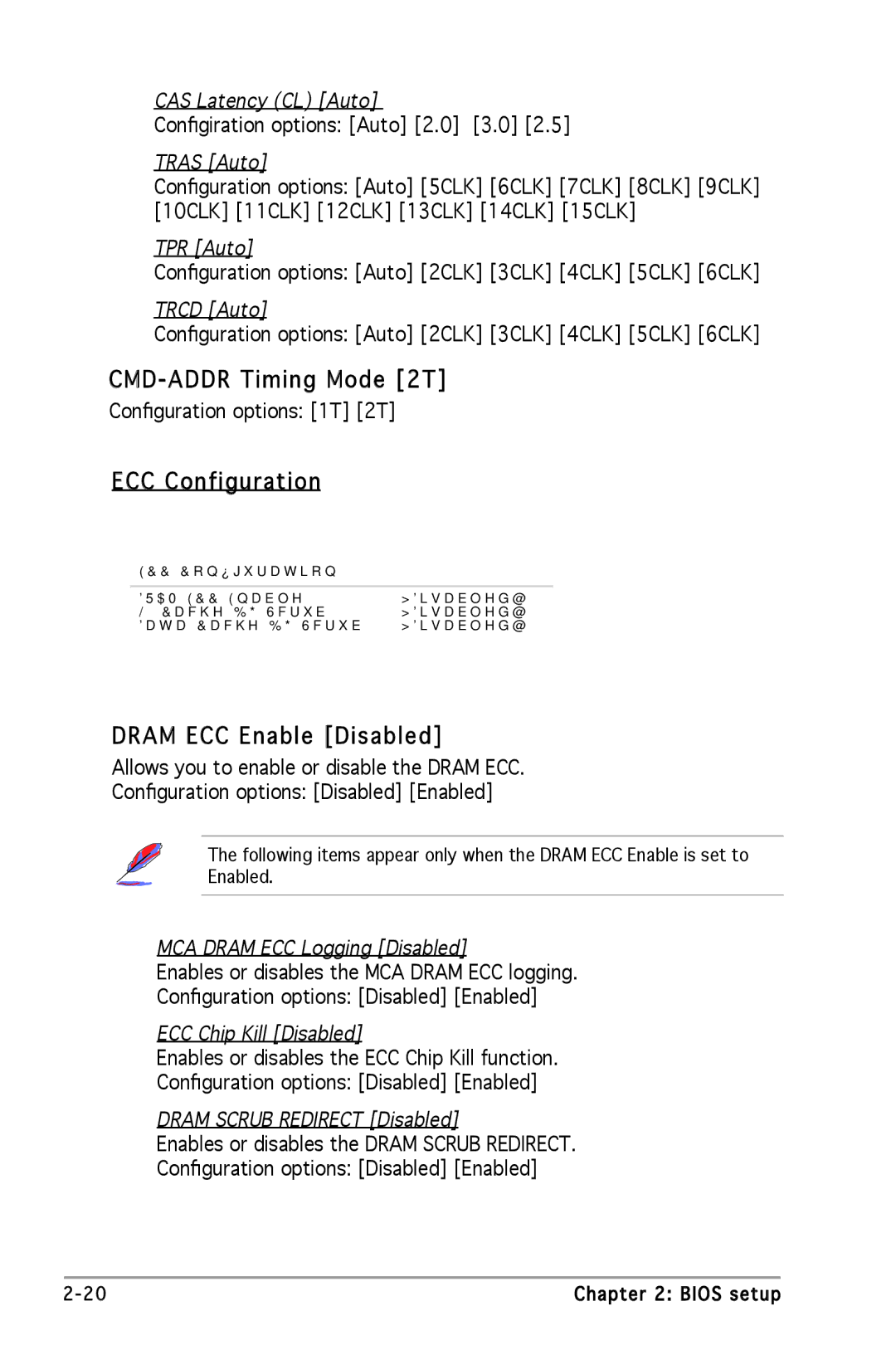 Asus A8V-VM manual CMD-ADDR Timing Mode 2T, ECC Configuration, Dram ECC Enable Disabled 