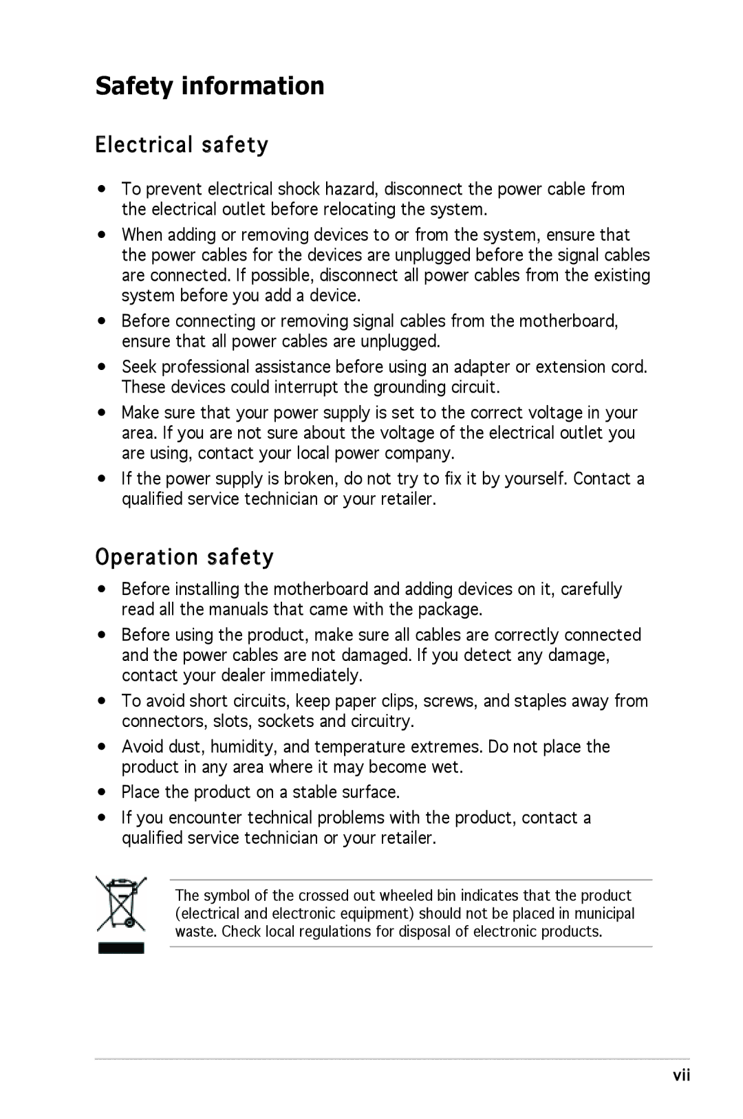 Asus A8V-VM manual Safety information, Electrical safety, Operation safety 