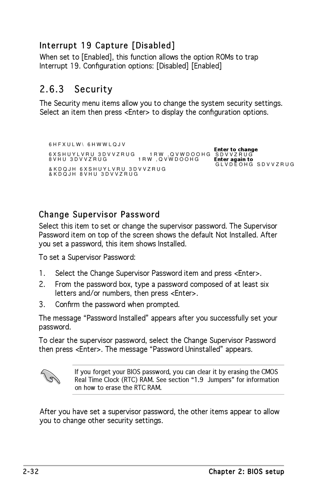 Asus A8V-VM manual Security, Interrupt 19 Capture Disabled, Change Supervisor Password 