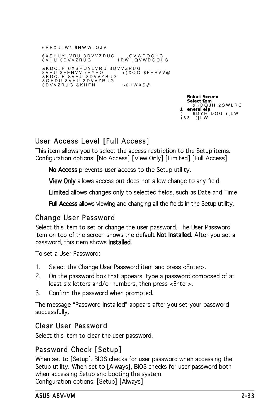 Asus A8V-VM manual User Access Level Full Access, Change User Password, Clear User Password, Password Check Setup 