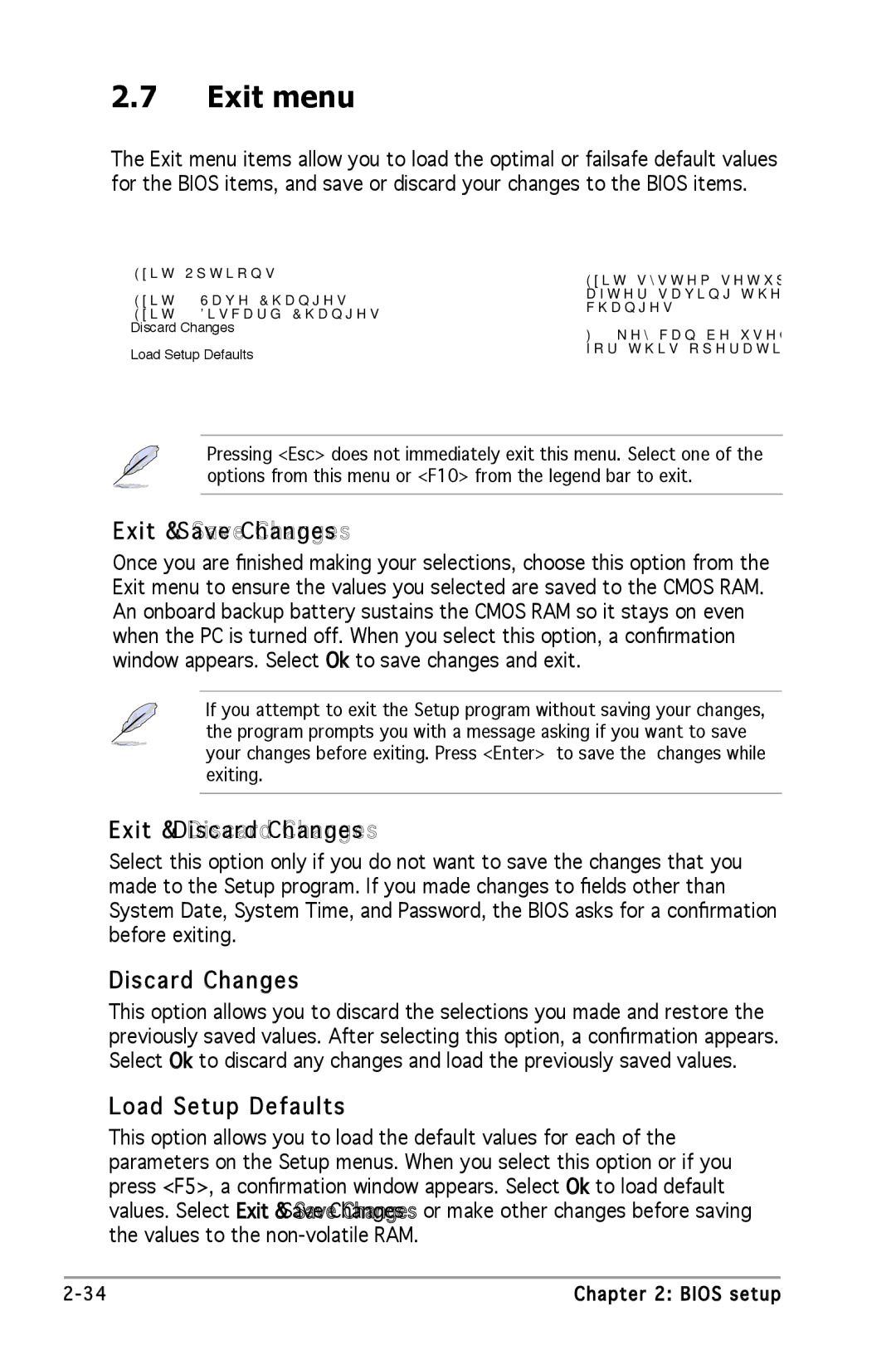 Asus A8V-VM manual Exit menu, Exit & Save Changes, Exit & Discard Changes, Load Setup Defaults 