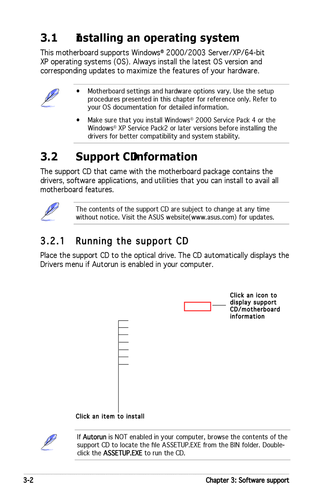 Asus A8V-VM manual Installing an operating system, Support CD information, Running the support CD 