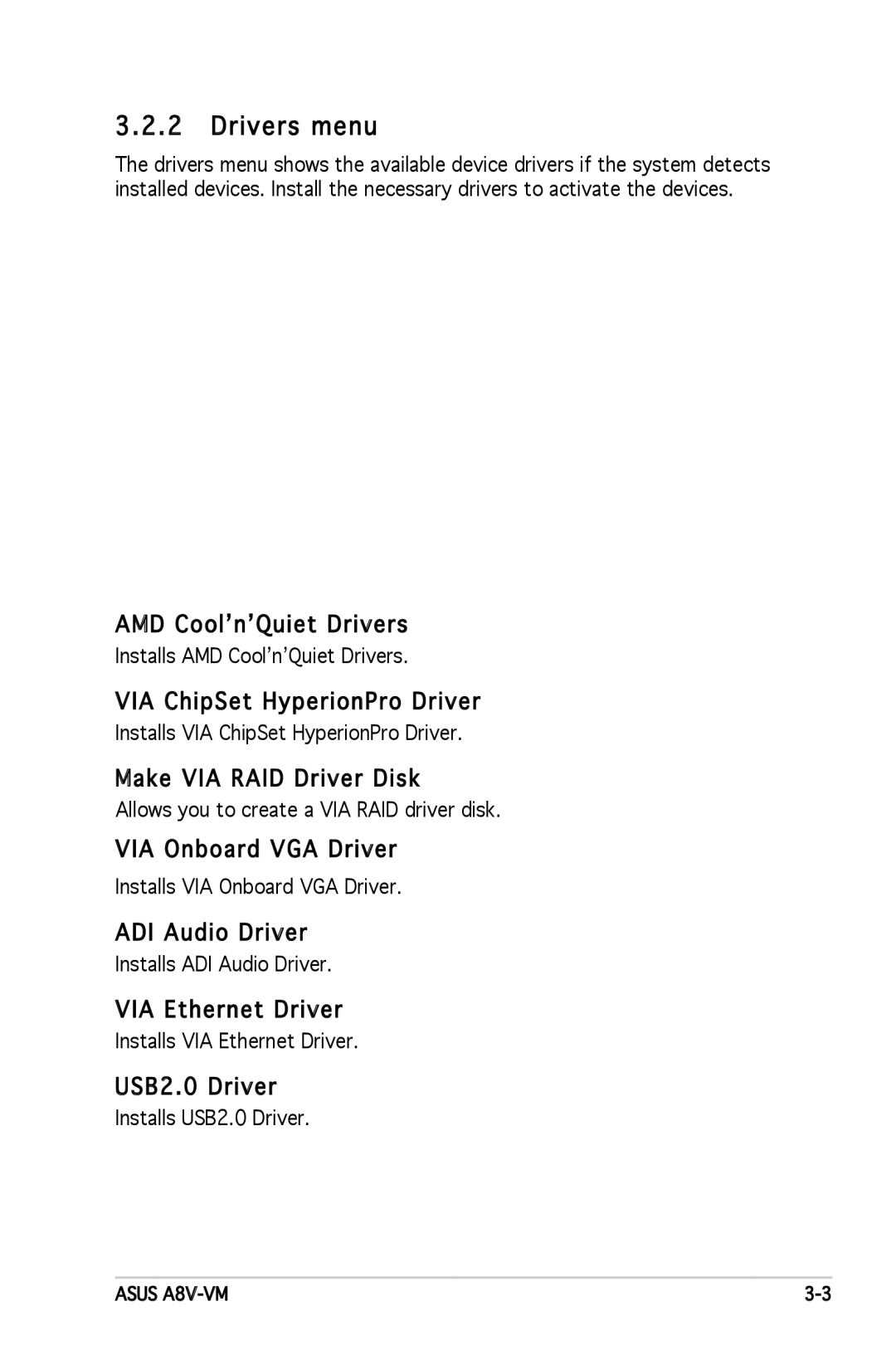 Asus A8V-VM manual Drivers menu 