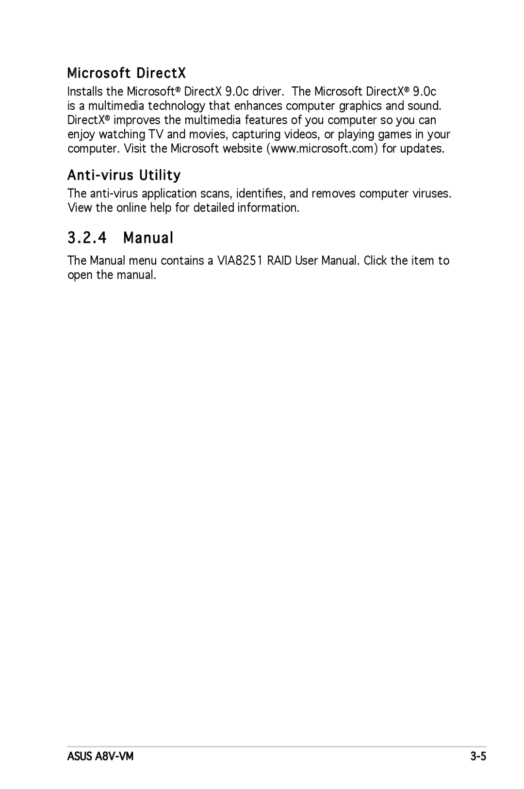 Asus A8V-VM manual Manual, Microsoft DirectX Anti -virus Utility 