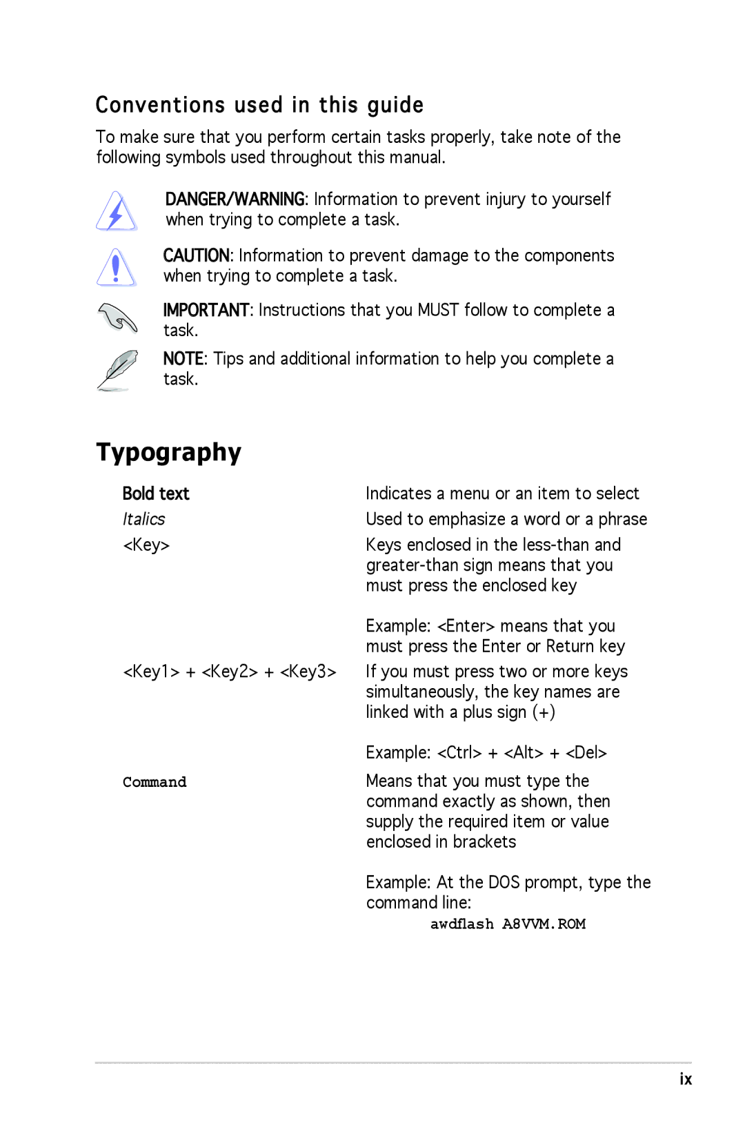 Asus A8V-VM manual Typography, Conventions used in this guide 