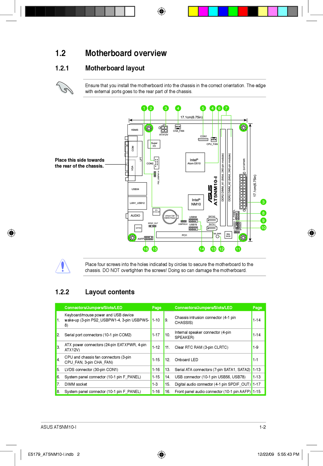 Asus AT5NM10T-I manual Motherboard overview, Motherboard layout, Layout contents 