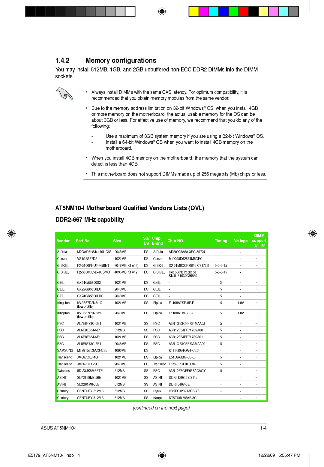 Asus AT5NM10T-I manual Memory configurations, Dimm 