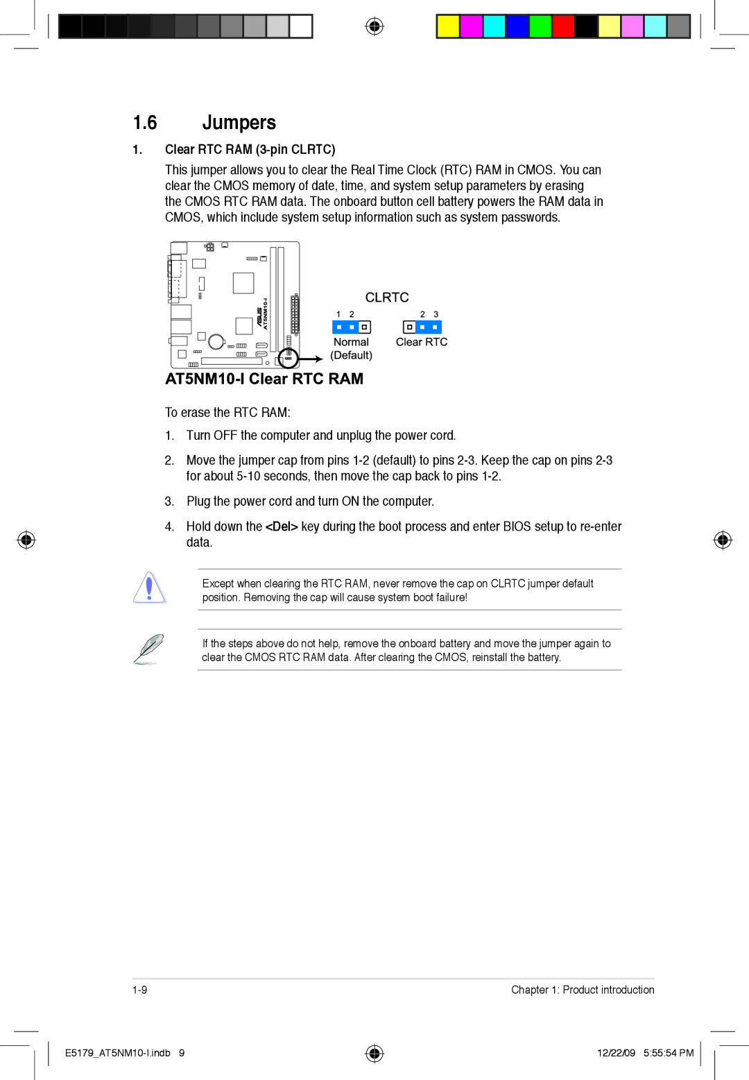 Asus AT5NM10T-I manual Jumpers, Clear RTC RAM 3-pin Clrtc 