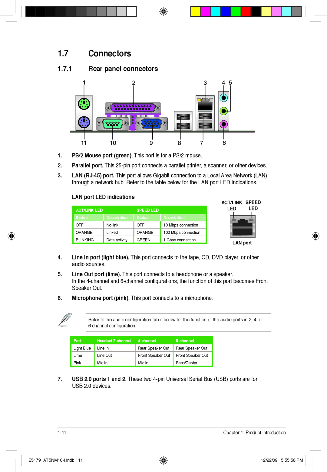 Asus AT5NM10T-I manual Connectors, Rear panel connectors 