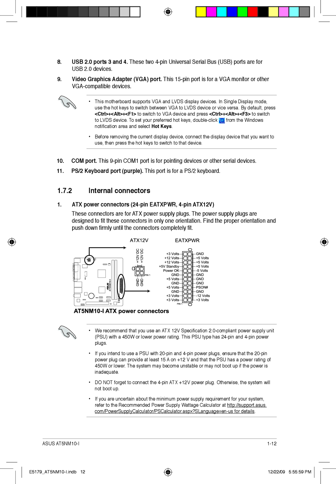 Asus AT5NM10T-I manual Internal connectors, ATX power connectors 24-pin EATXPWR, 4-pin ATX12V 