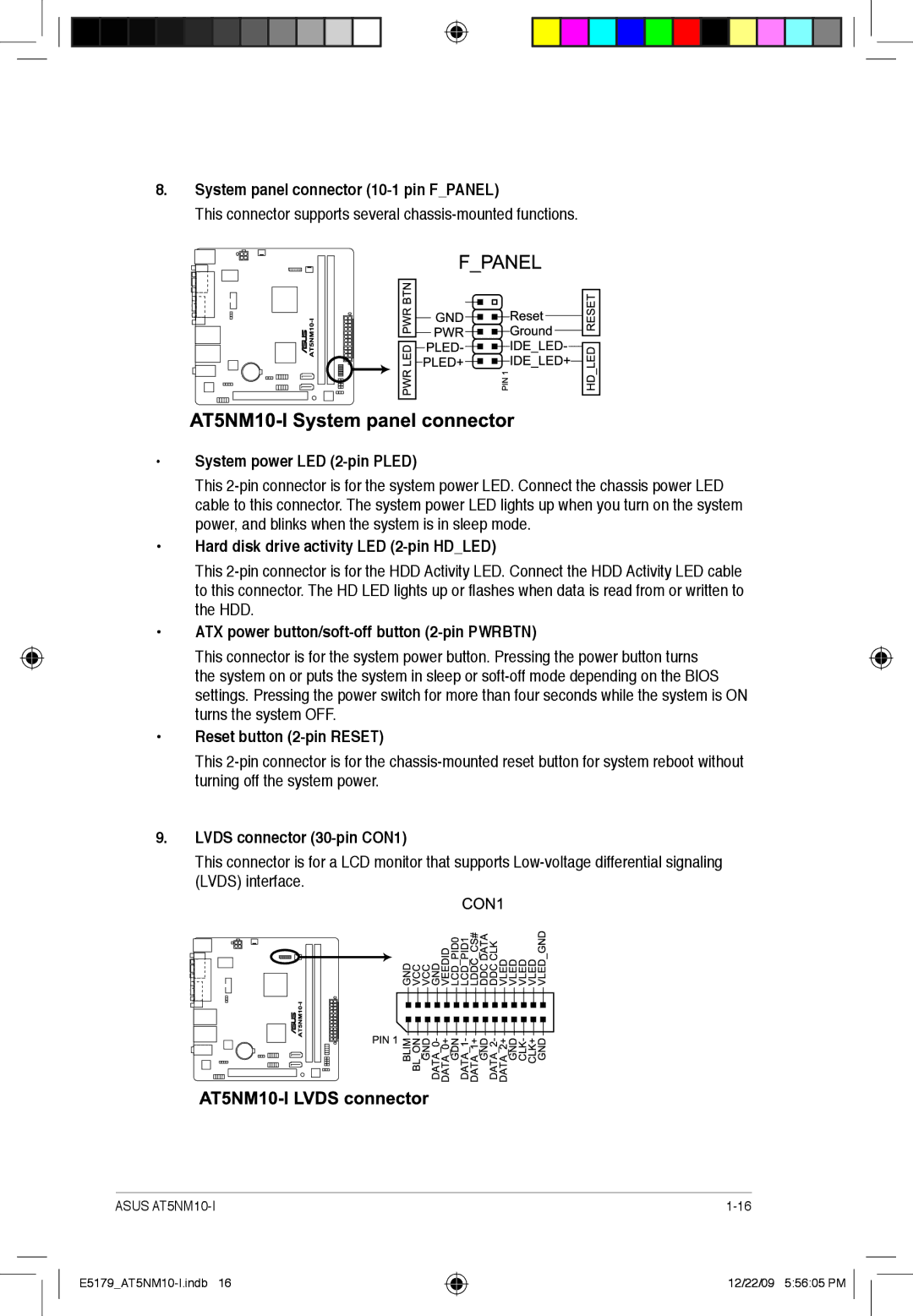 Asus AT5NM10T-I manual System panel connector 10-1 pin Fpanel, System power LED 2-pin Pled, Reset button 2-pin Reset 