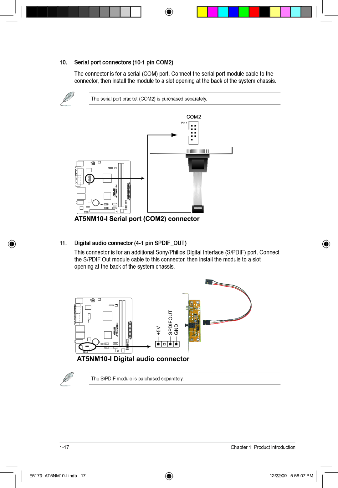 Asus AT5NM10T-I manual Serial port connectors 10-1 pin COM2, Digital audio connector 4-1 pin Spdifout 