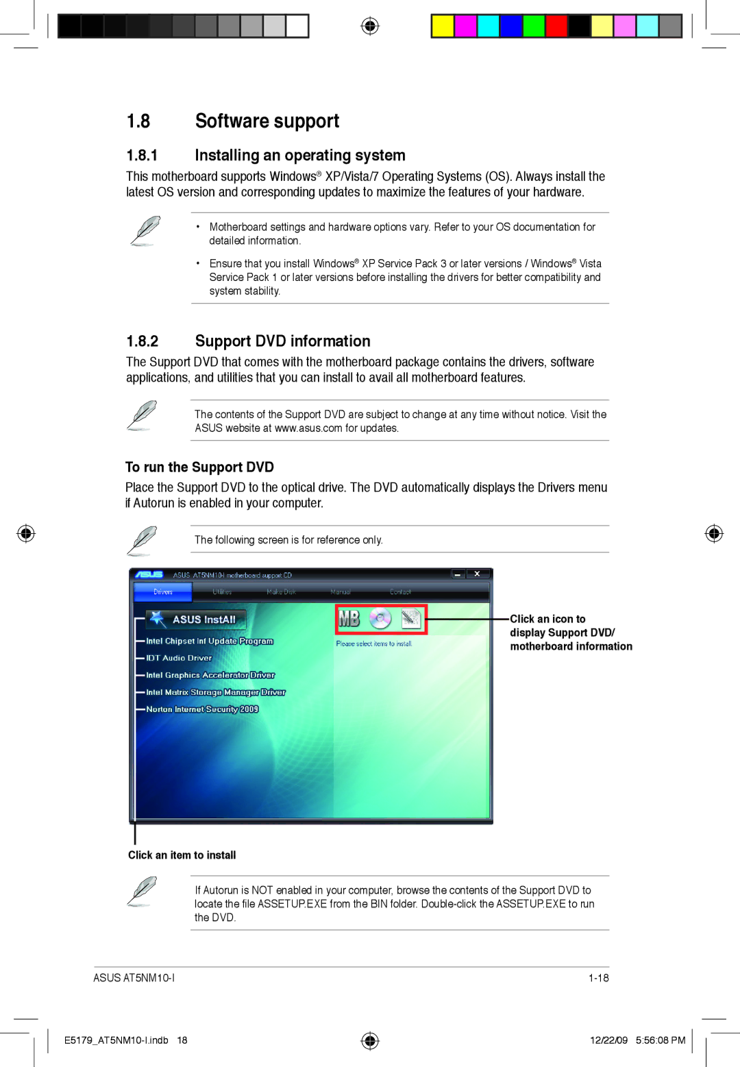 Asus AT5NM10T-I manual Software support, Installing an operating system, Support DVD information, To run the Support DVD 