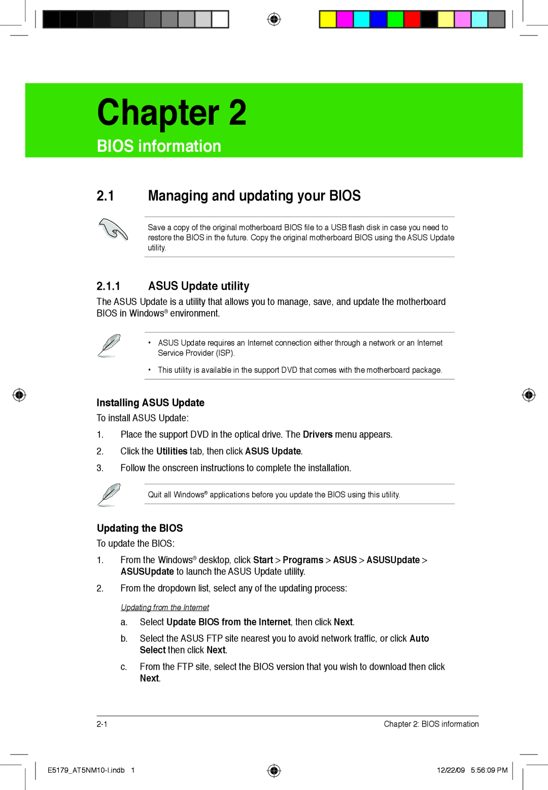 Asus AT5NM10T-I manual Managing and updating your Bios, Asus Update utility, Installing Asus Update, Updating the Bios 