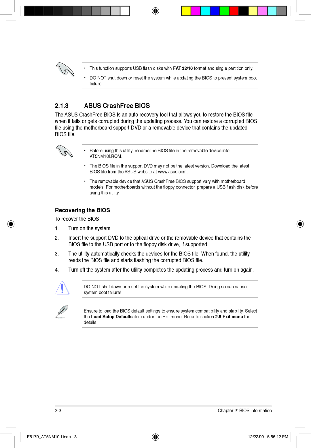 Asus AT5NM10T-I manual Asus CrashFree Bios, Recovering the Bios 