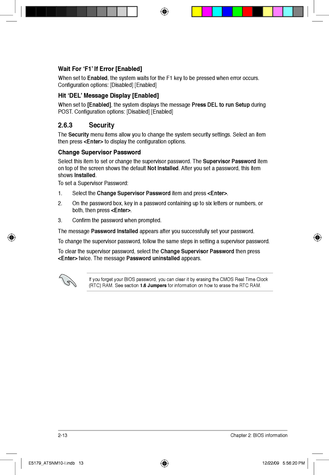 Asus AT5NM10T-I Security, Wait For ‘F1’ If Error Enabled, Hit ‘DEL’ Message Display Enabled, Change Supervisor Password 