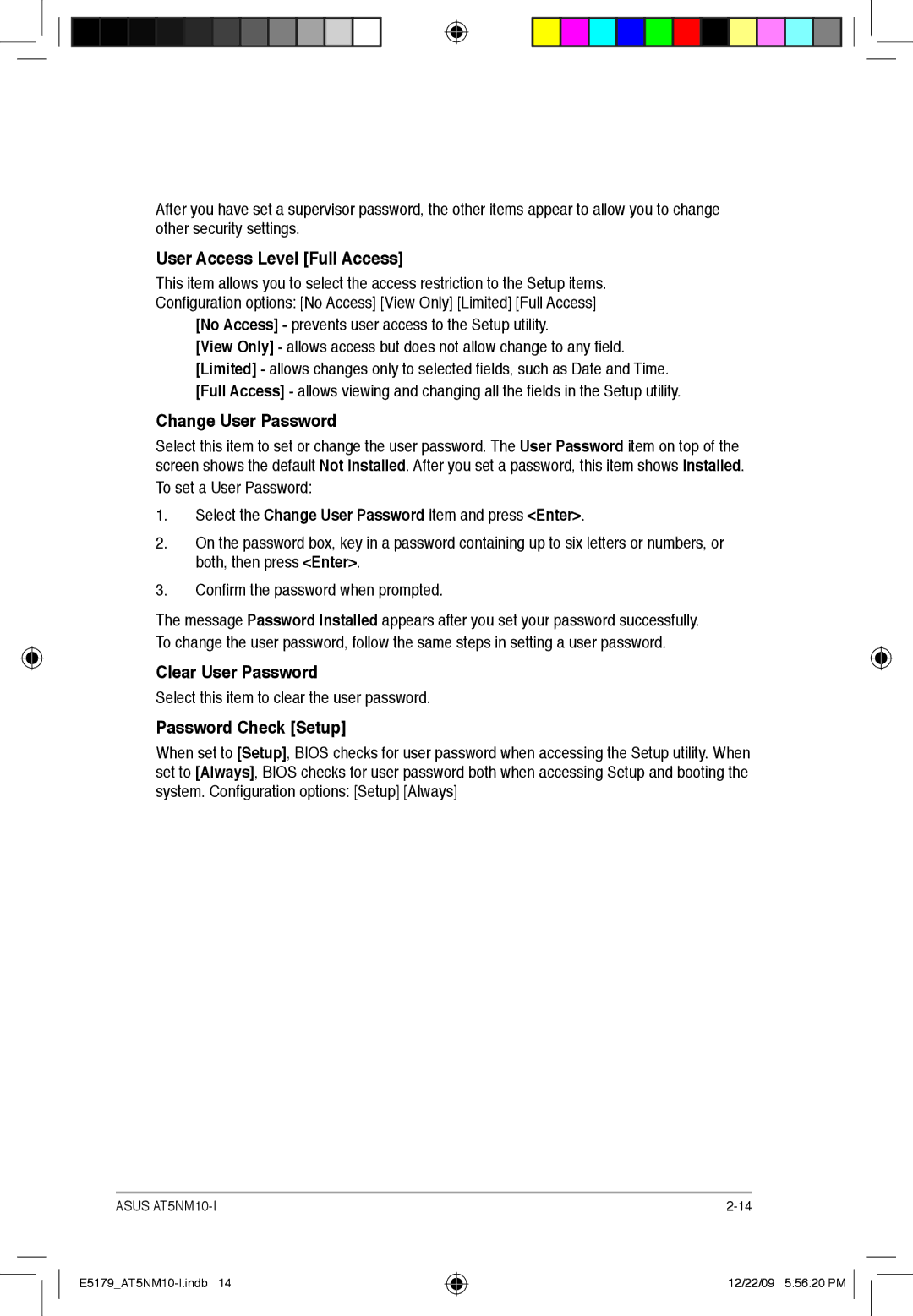 Asus AT5NM10T-I manual User Access Level Full Access, Change User Password, Clear User Password, Password Check Setup 