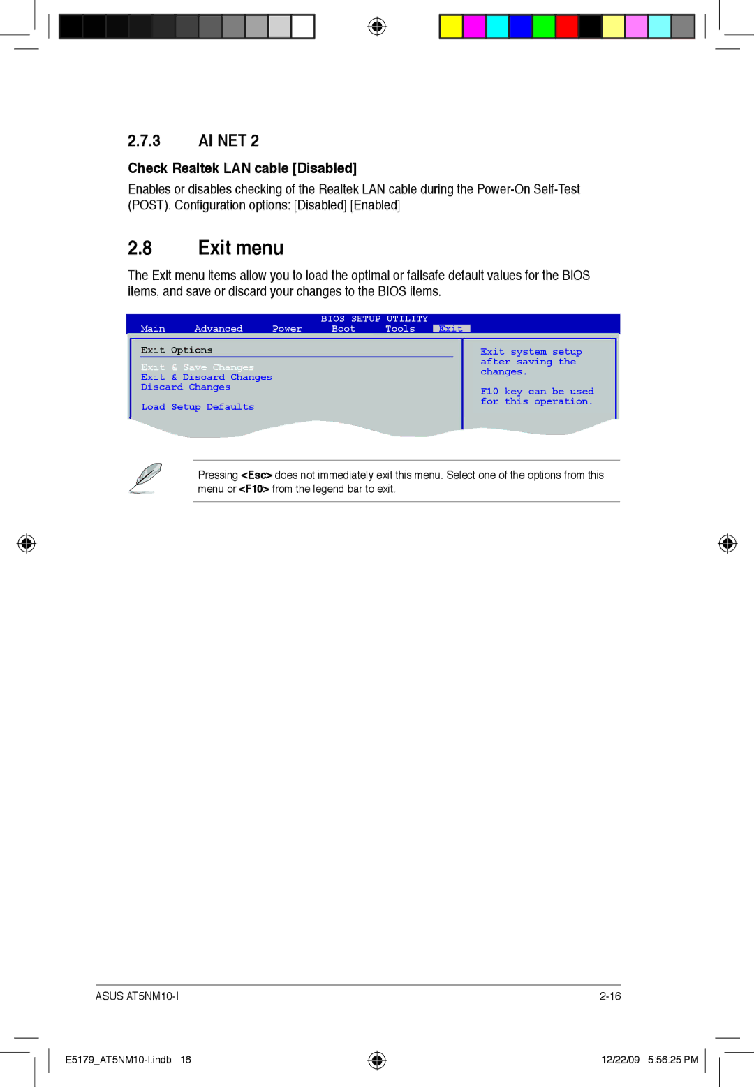 Asus AT5NM10T-I manual Exit menu, Ai Net, Check Realtek LAN cable Disabled 