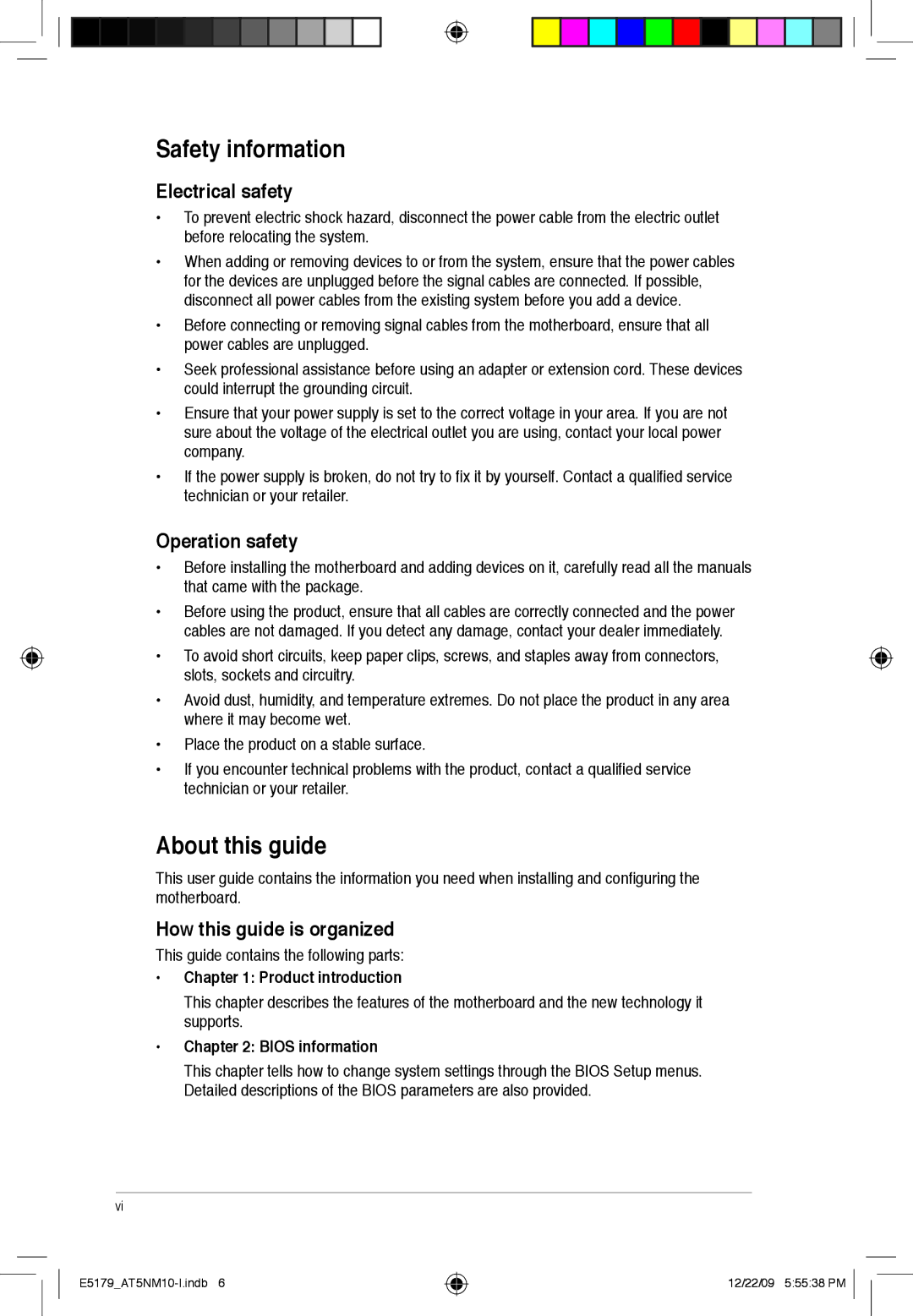 Asus AT5NM10T-I Safety information, About this guide, Electrical safety, Operation safety, How this guide is organized 