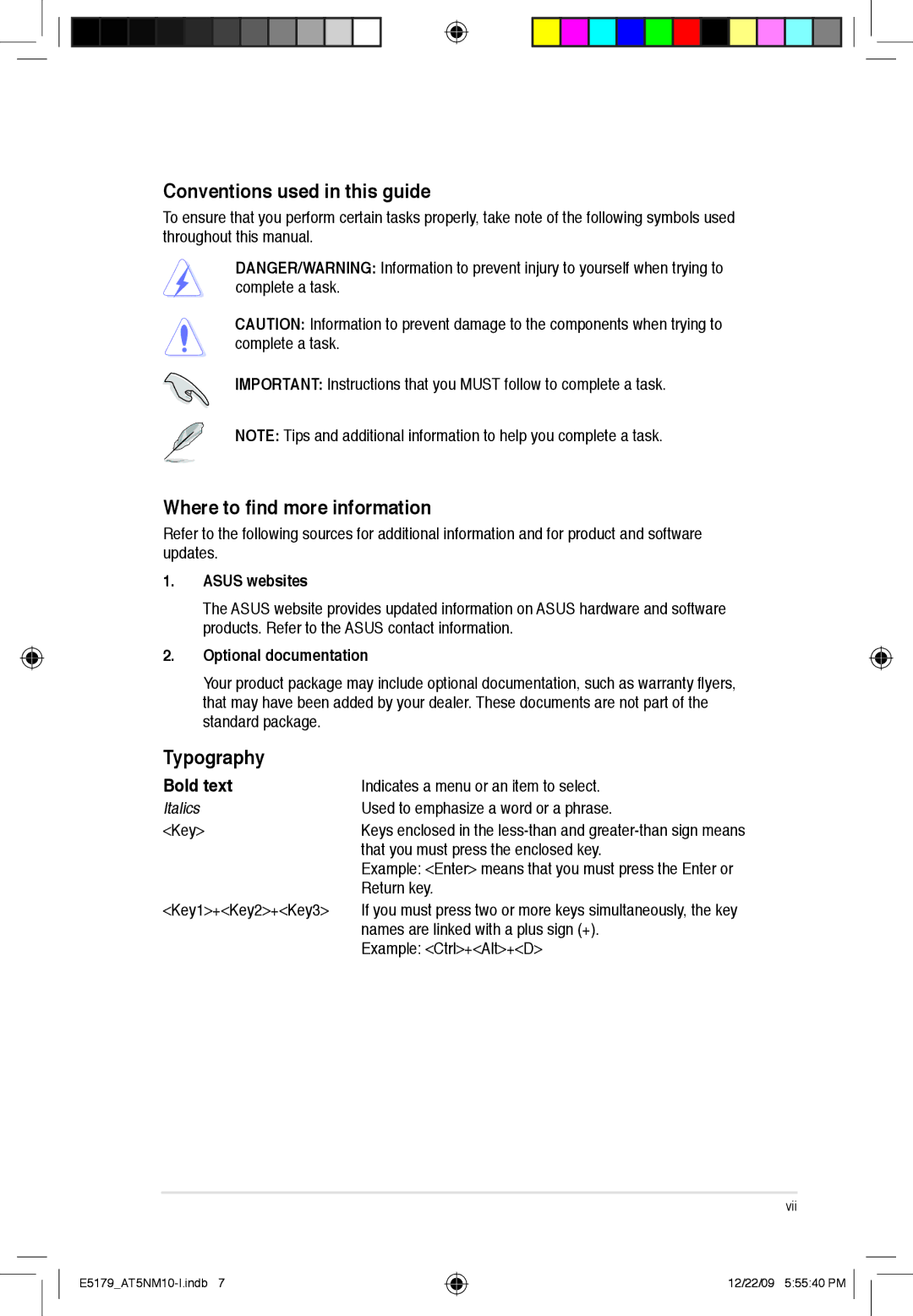 Asus AT5NM10T-I manual Conventions used in this guide, Where to find more information, Typography, Bold text 