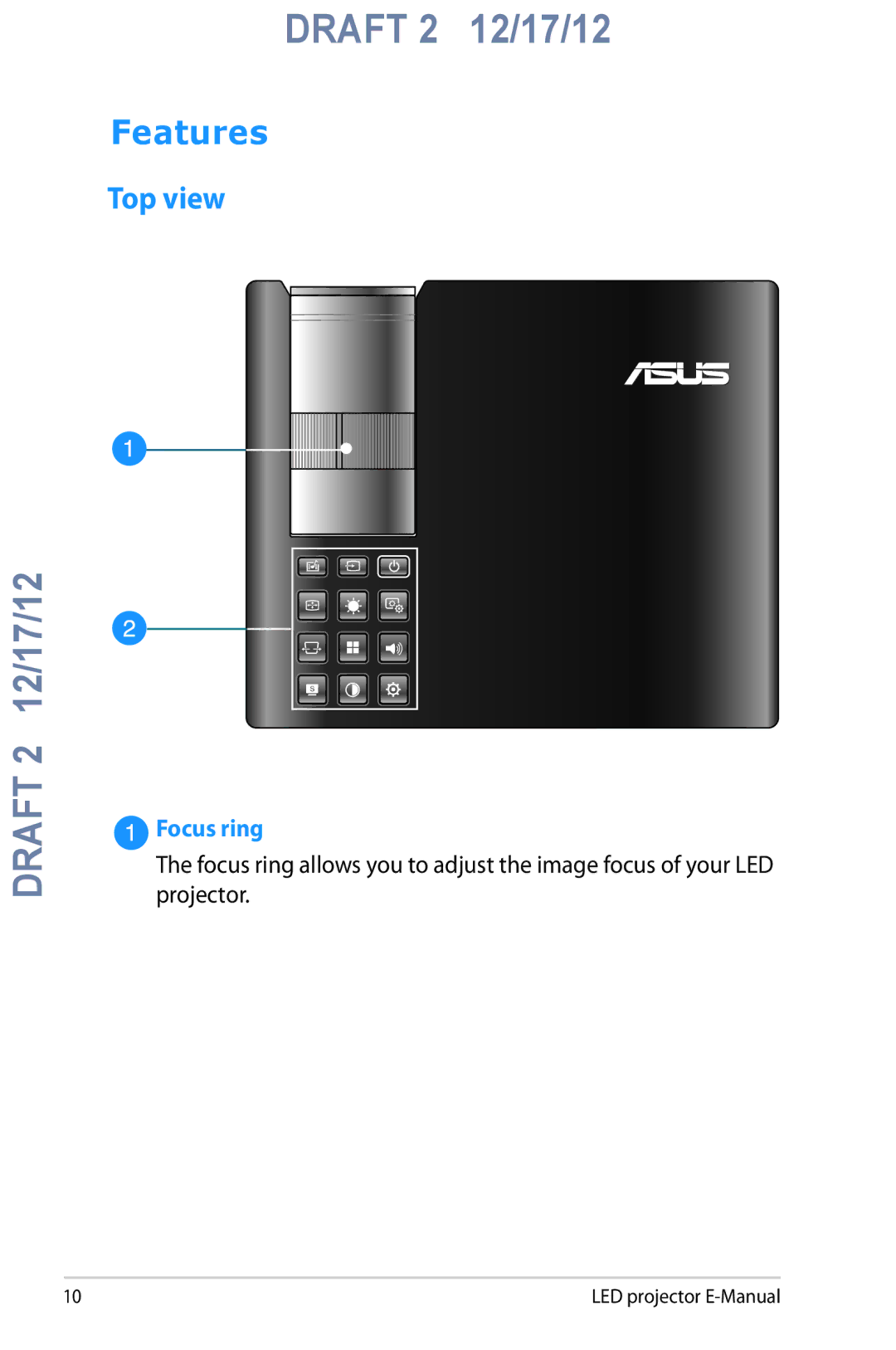 Asus B1M manual Features, Top view, Focus ring 