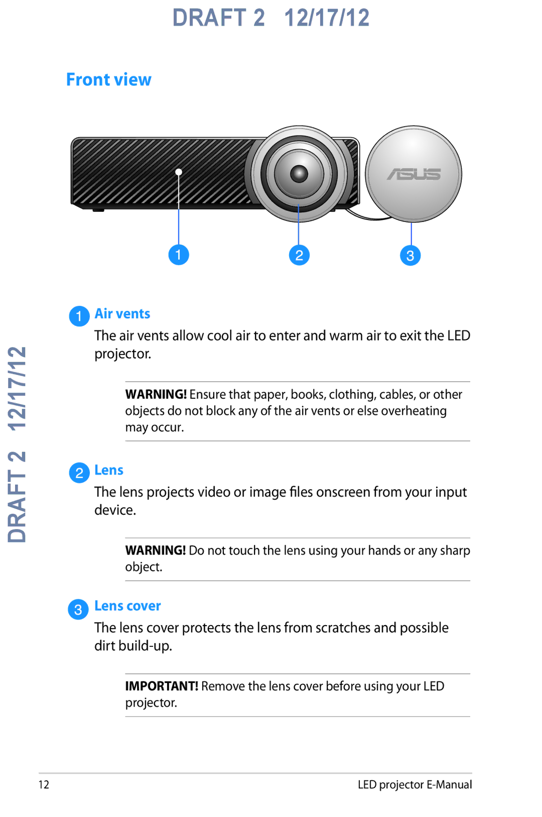 Asus B1M manual Front view, Air vents, Lens cover 