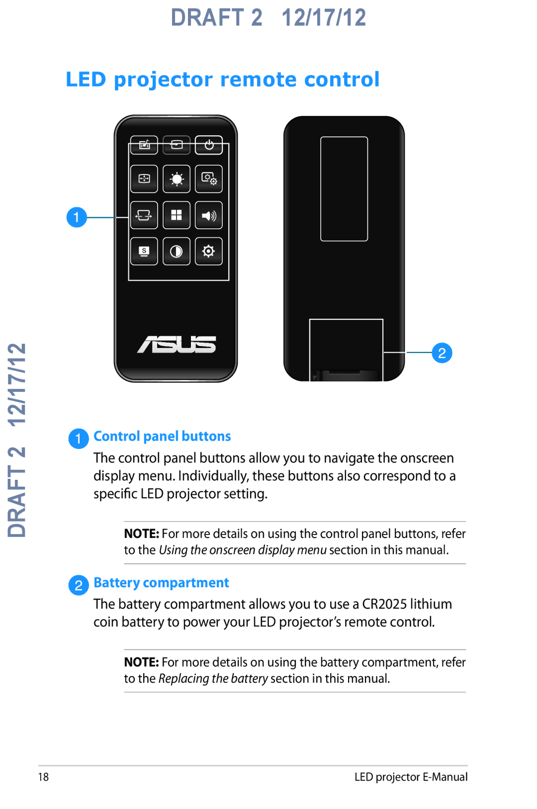 Asus B1M manual LED projector remote control, Battery compartment 