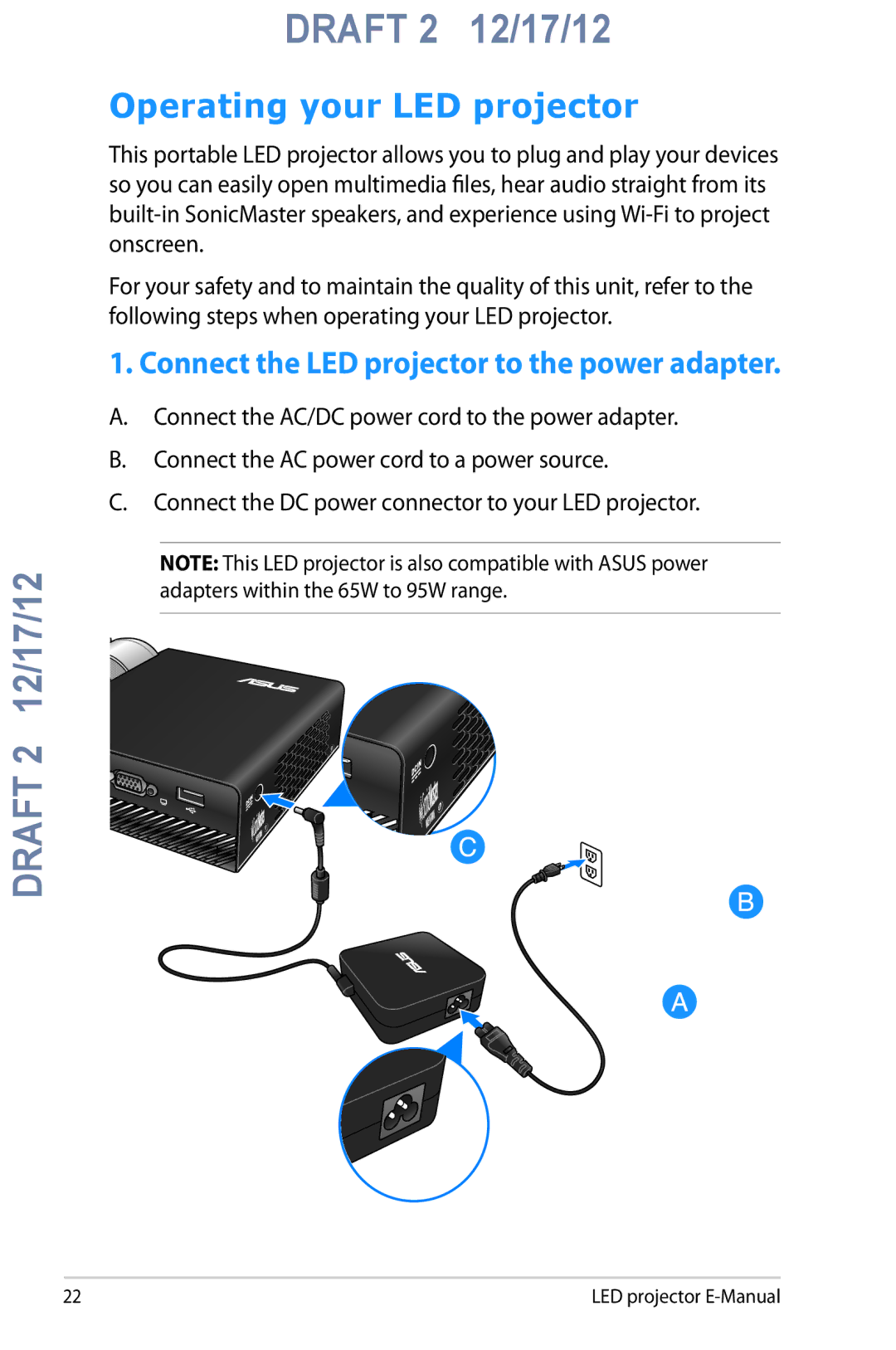 Asus B1M manual Operating your LED projector, Connect the LED projector to the power adapter 