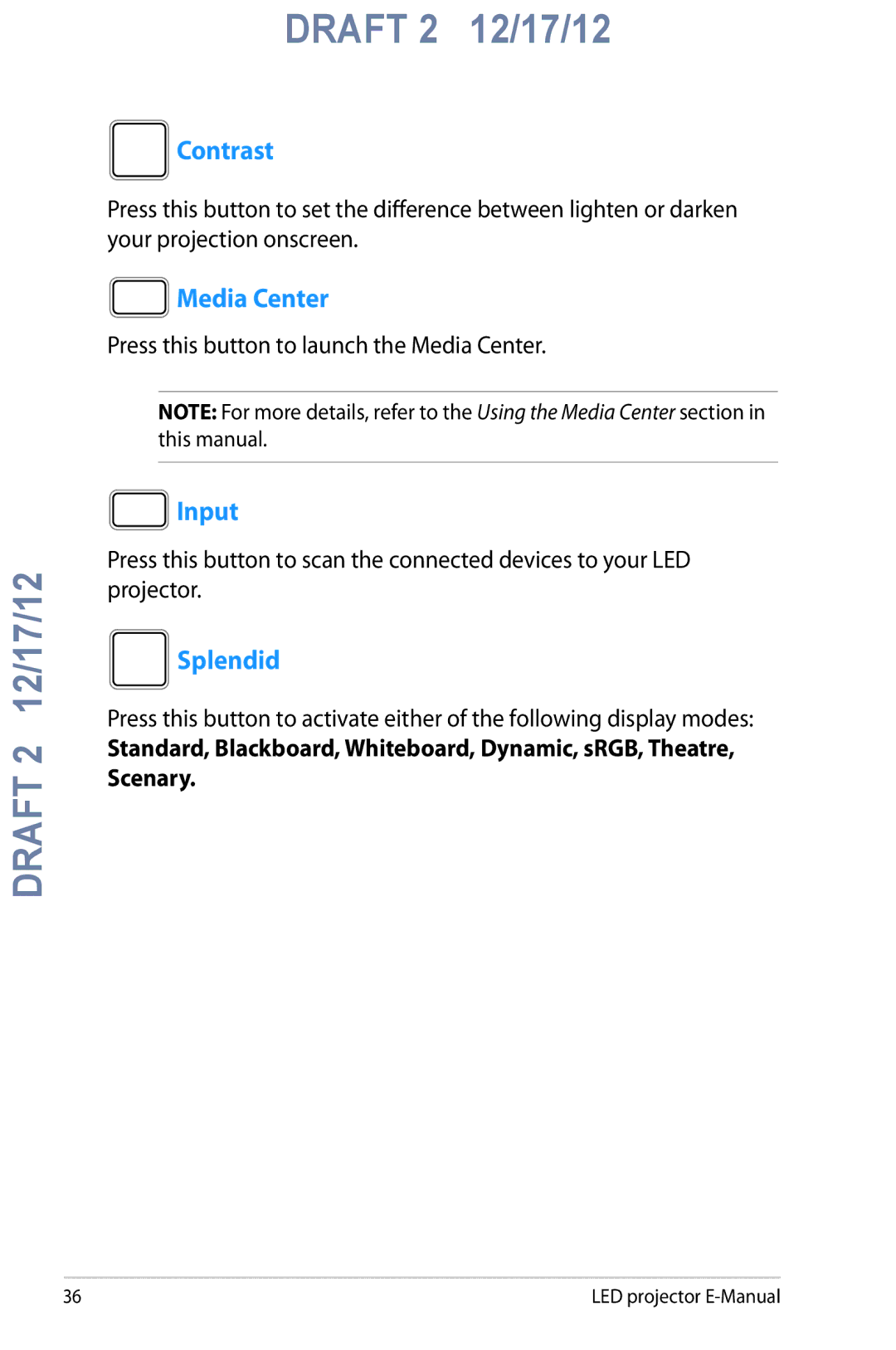 Asus B1M manual Contrast, Media Center, Input, Splendid 