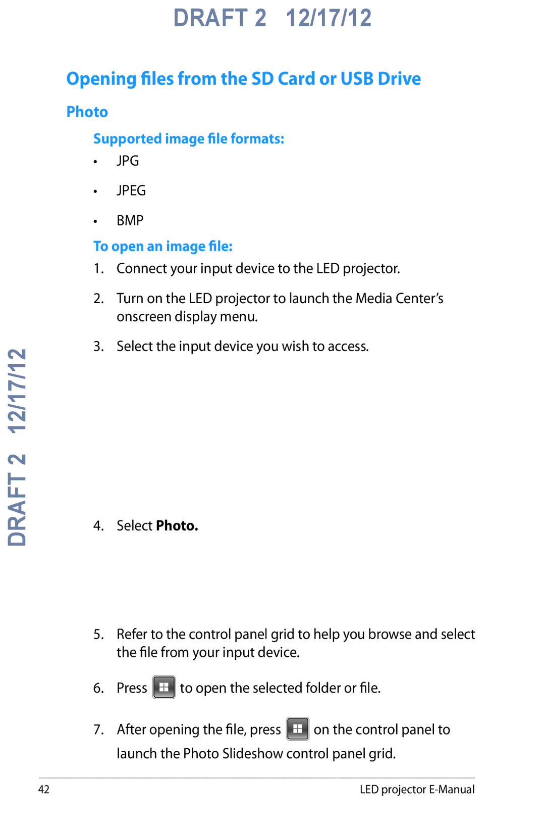 Asus B1M manual Opening files from the SD Card or USB Drive, Photo, Supported image file formats, To open an image file 