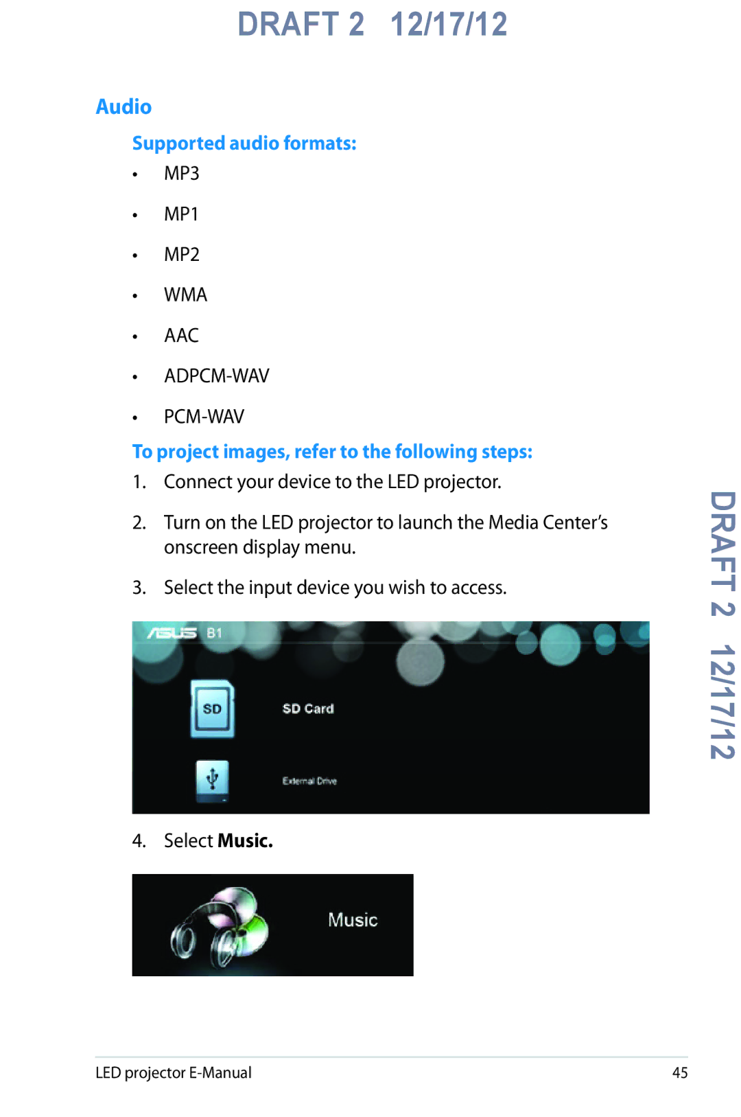 Asus B1M manual Audio, Supported audio formats, To project images, refer to the following steps 