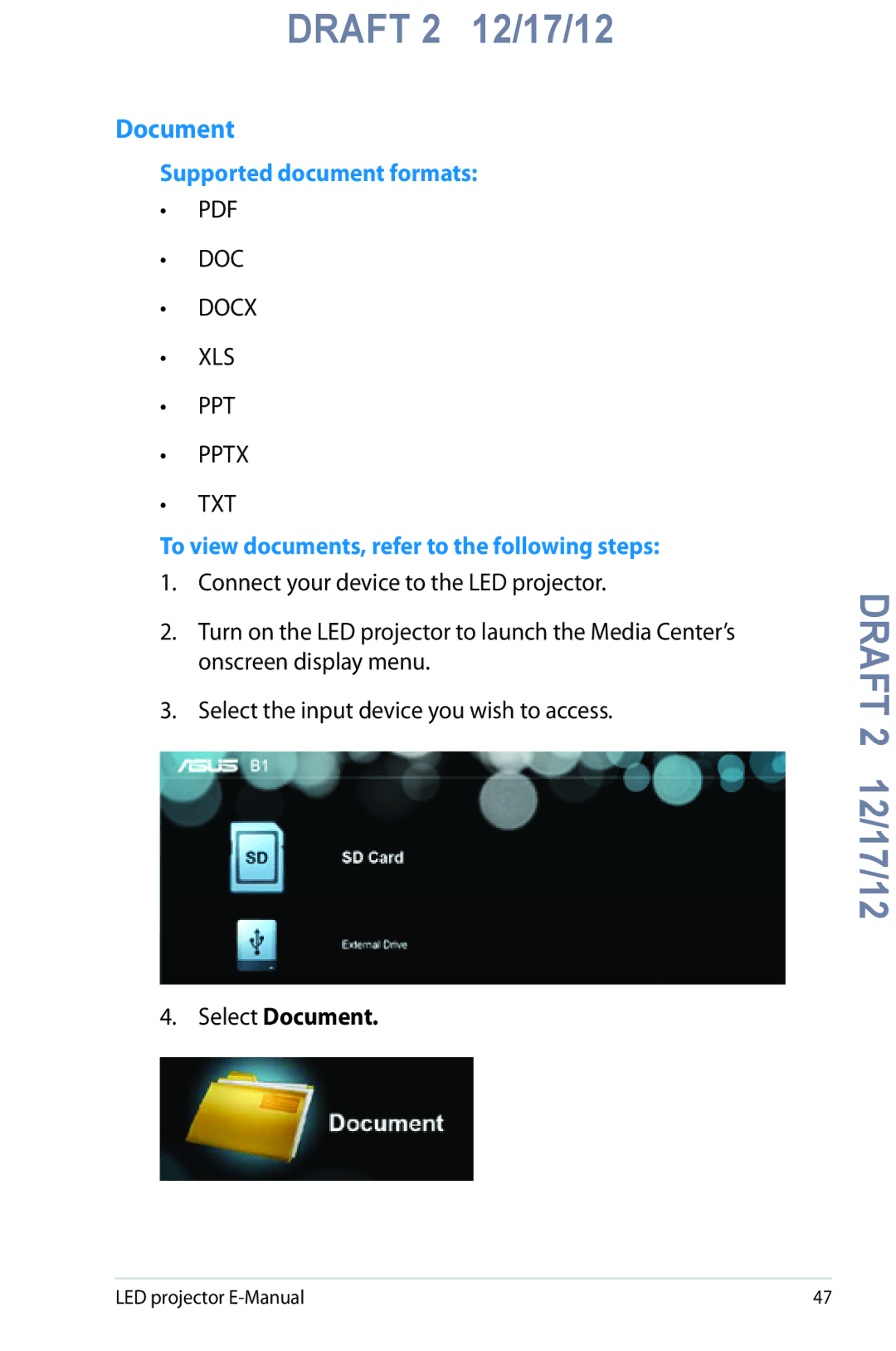 Asus B1M manual Document, Supported document formats, To view documents, refer to the following steps 