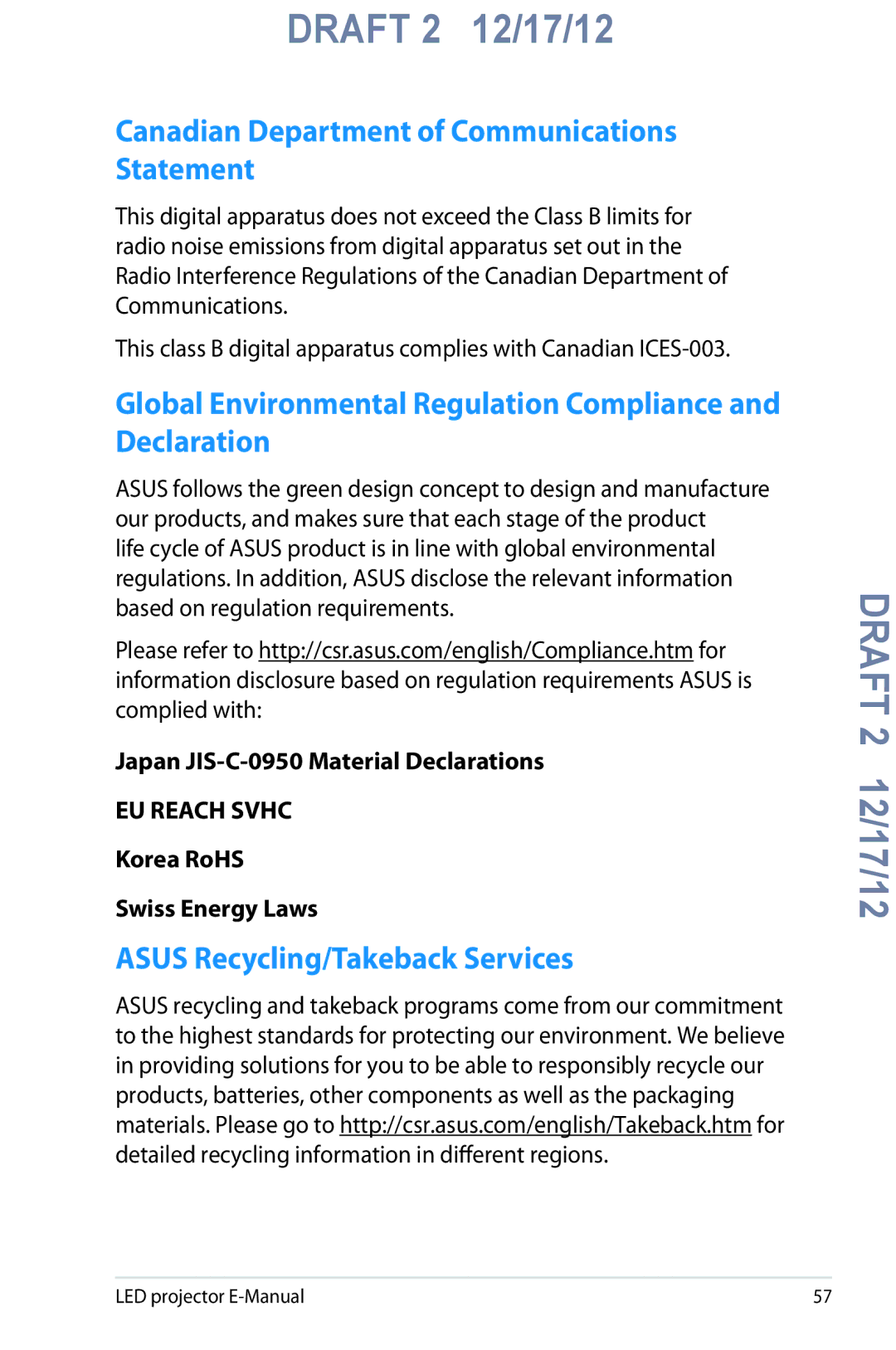 Asus B1M manual Canadian Department of Communications Statement, Global Environmental Regulation Compliance and Declaration 