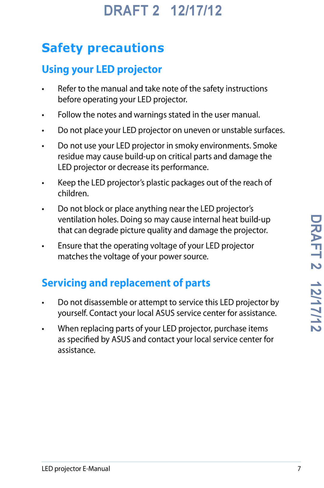 Asus B1M manual Safety precautions, Using your LED projector, Servicing and replacement of parts 