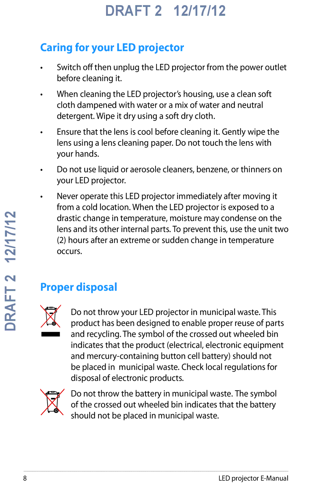 Asus B1M manual Caring for your LED projector, Proper disposal 