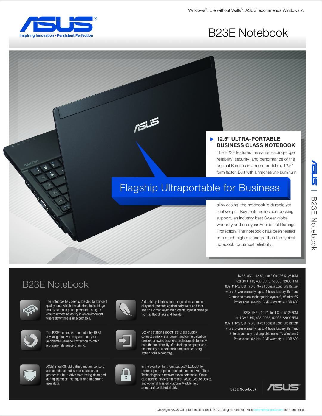 Asus B23EXH71 warranty B23E Notebook, Windows. Life without Walls. ASUS recommends Windows 
