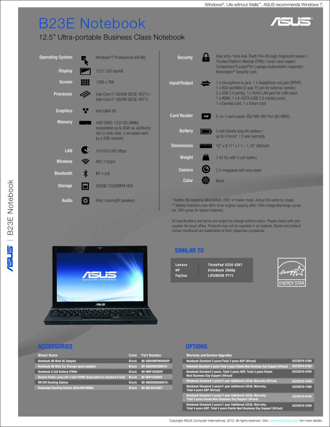Asus B23EXH71 B23E Notebook, 12.5” Ultra-portable Business Class Notebook, Similar To, Accessories, Options, Battery 