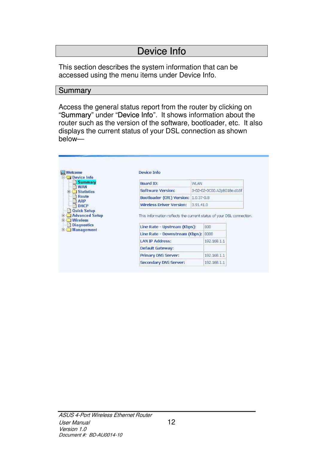 Asus BD-AU0014-10 user manual Device Info, Summary 