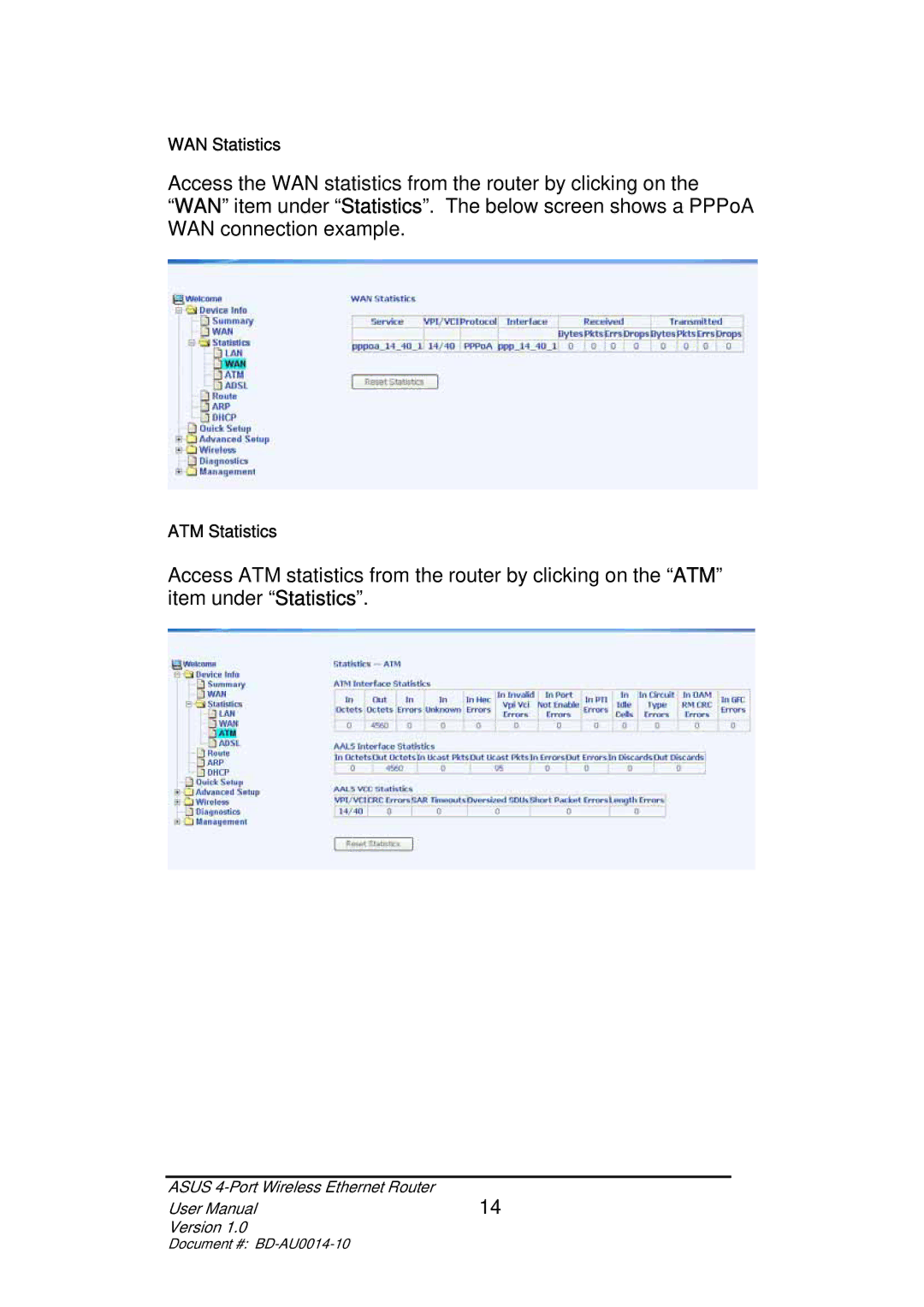 Asus BD-AU0014-10 user manual WAN Statistics 