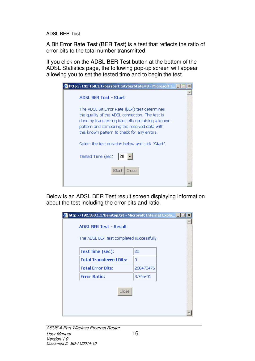 Asus BD-AU0014-10 user manual Adsl BER Test 