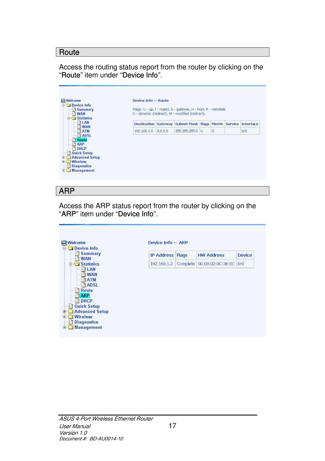 Asus BD-AU0014-10 user manual Route, Arp 