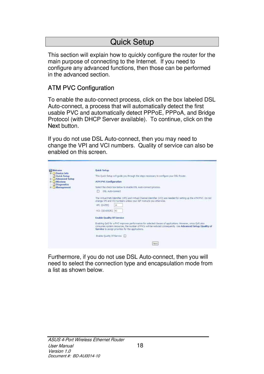 Asus BD-AU0014-10 user manual Quick Setup, ATM PVC Configuration 