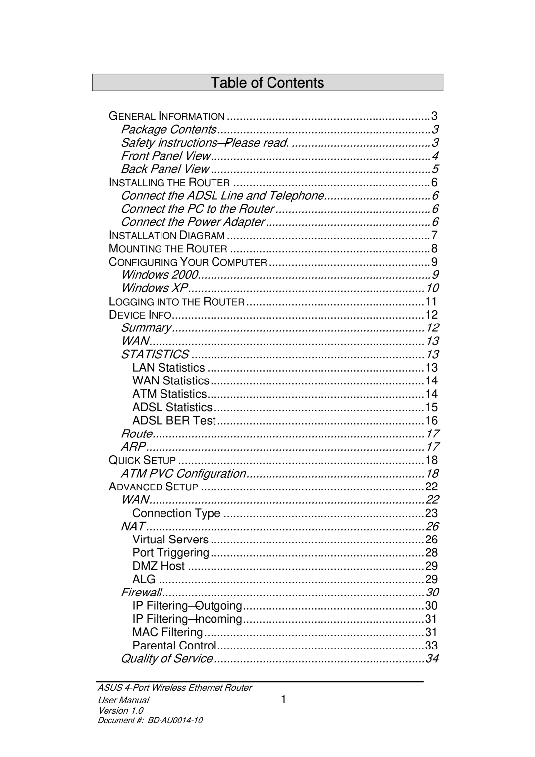 Asus BD-AU0014-10 user manual Table of Contents 