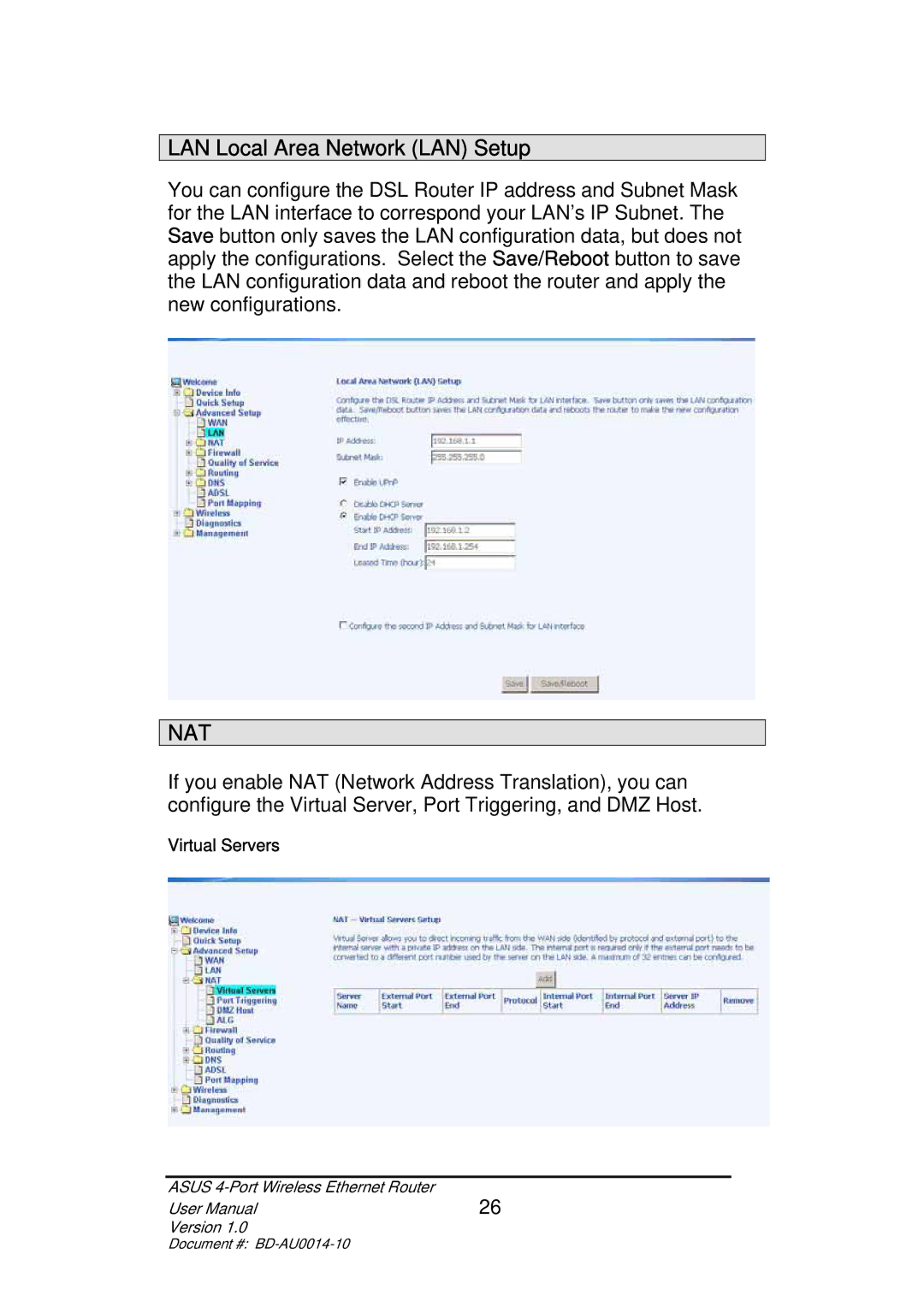 Asus BD-AU0014-10 user manual LAN Local Area Network LAN Setup, Nat 