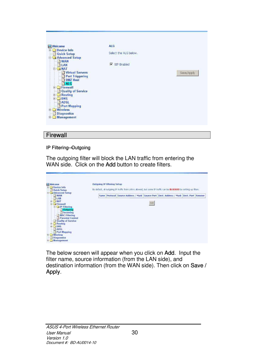 Asus BD-AU0014-10 user manual Firewall 