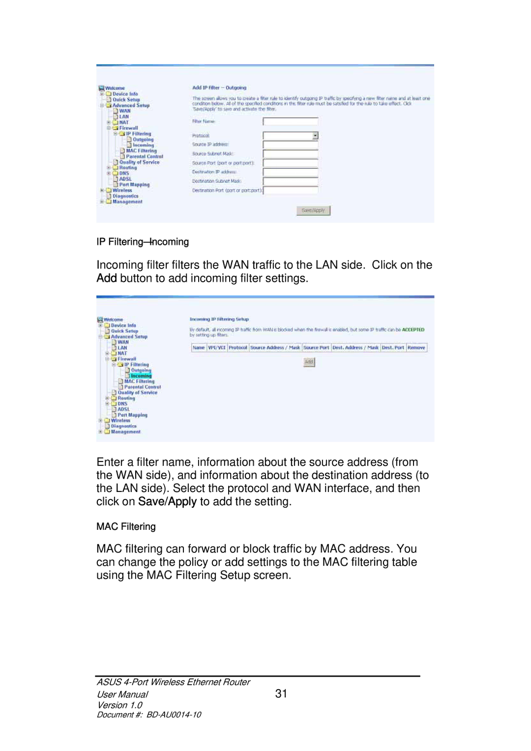 Asus BD-AU0014-10 user manual IP Filtering-Incoming 