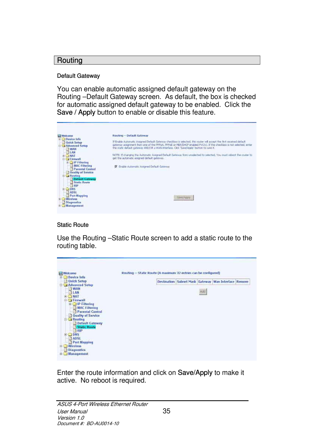 Asus BD-AU0014-10 user manual Routing 