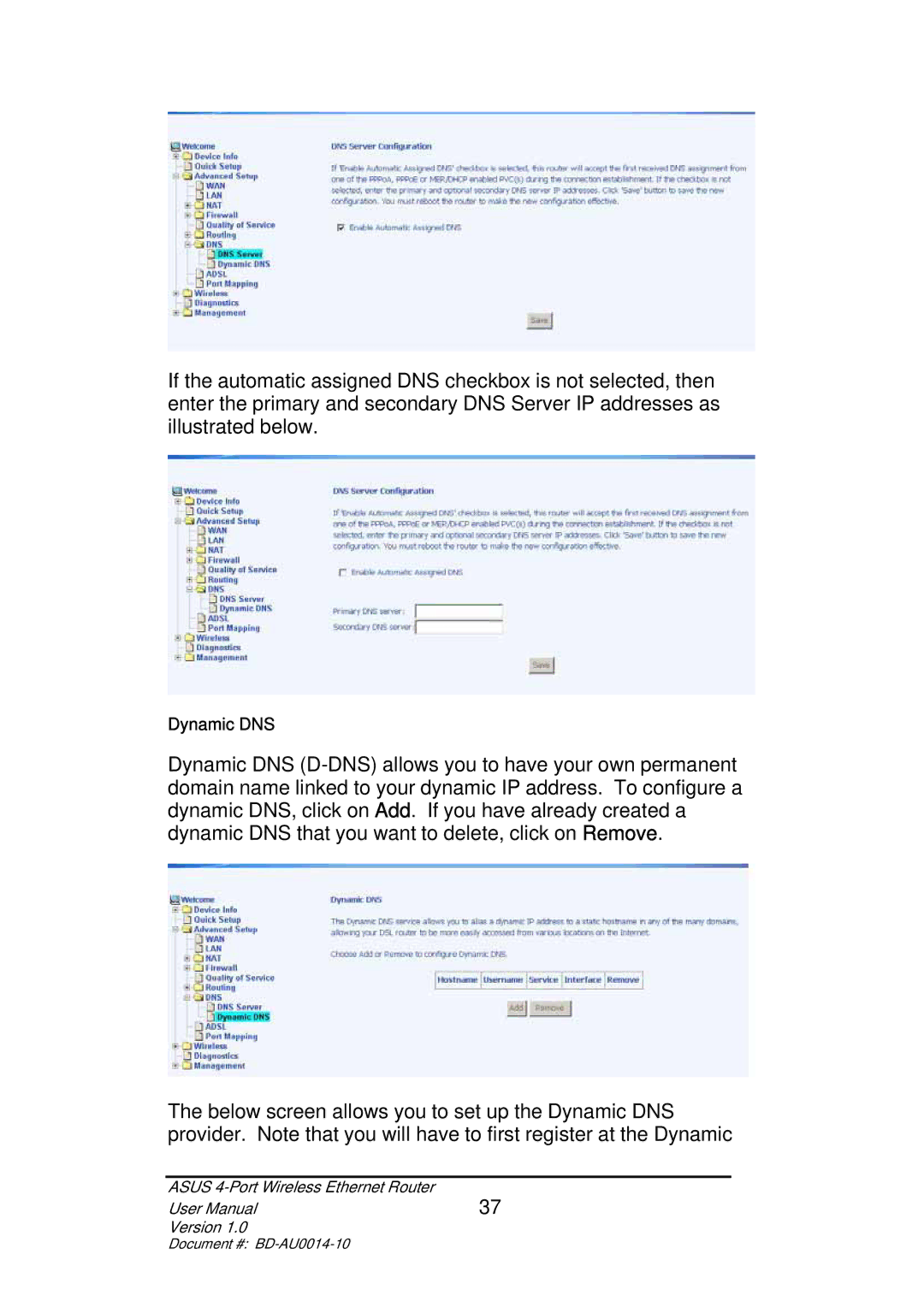 Asus BD-AU0014-10 user manual Dynamic DNS 