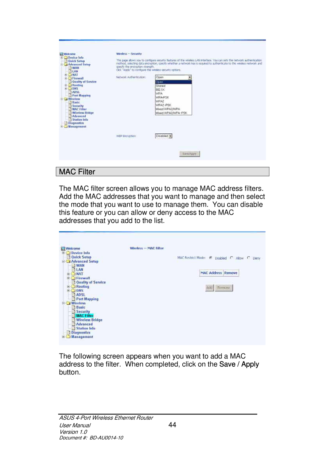 Asus BD-AU0014-10 user manual MAC Filter 
