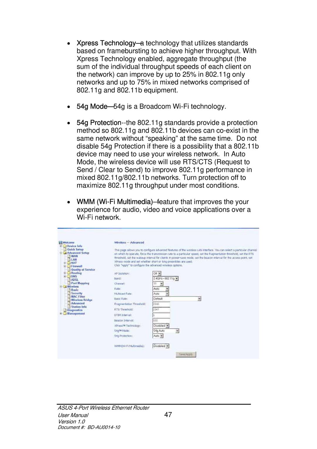 Asus BD-AU0014-10 user manual Asus 4-Port Wireless Ethernet Router Version 